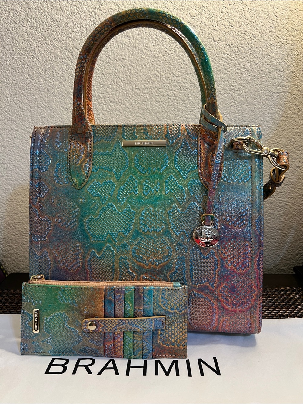 Brahmin Teal Multi Iridescent Python-Embossed Satchel with Matching Card Wallet - Picture 1 of 10